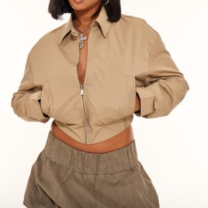 Olive Canvas Collar Detail Zip Up Jacket