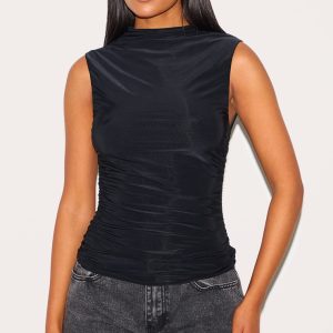 Tall Black Double Layer Slinky Ruched Long Top