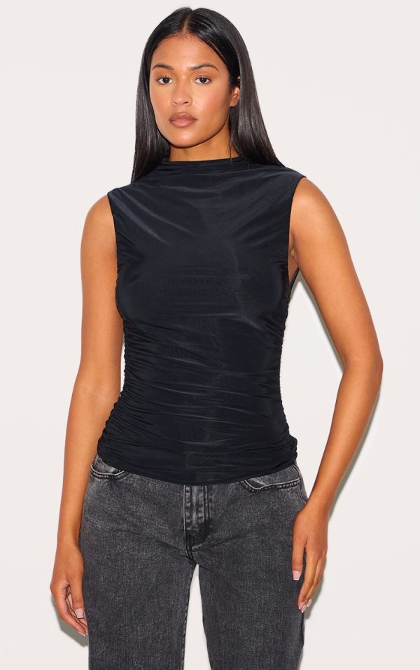 7d33f96785aaf53ac31b88992ed34127e970b128_CNM2681_1_tall_black_double_layer_slinky_ruched_long_top