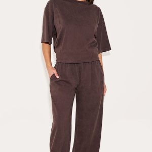 Dark Brown Cotton Straight Leg Mid Rise Drawstring Trousers