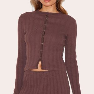 Dark Brown Rib Popper Fitted Long Sleeve Long Top
