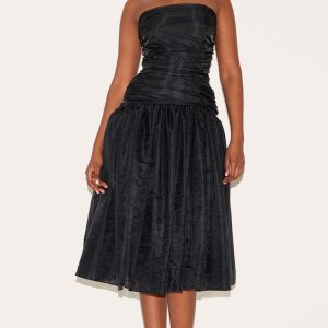 Black Organza Ruched Bodice Midi Dress
