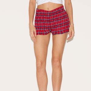 Red Checked Print Shirred Frill Hem Mini Shorts