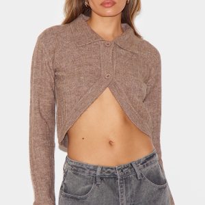 Chocolate Marl Soft Rib Knit Crop Collar Detail Top