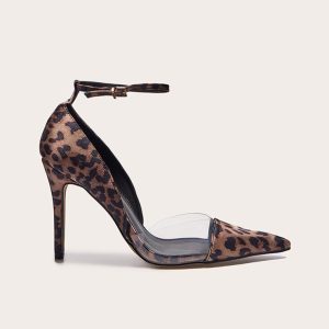 Leopard Satin Perspex Point Toe Court Heels