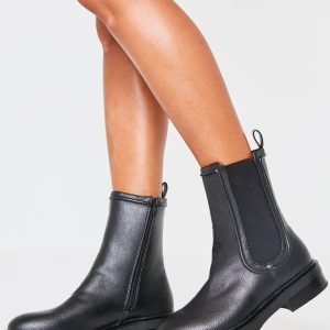 Black Pu Round Toe Chelsea Chunky Ankle Boots