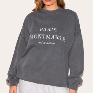 Charcoal Washed Paris Montmarte Print Oversized Sweatshirt