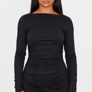 Black Double Contour Ruched Detail Bodycon Dress