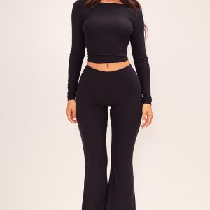 Petite Black Soft Touch High Waist Flared Trousers