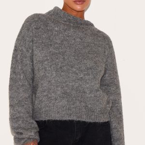 Plus Grey Marl Knit Asymmetric Overlay Oversized Jumper