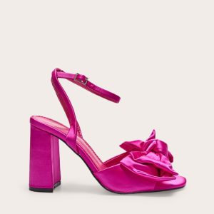 Pink Wide Fit Satin Round Toe Bow Block Heeled Sandals