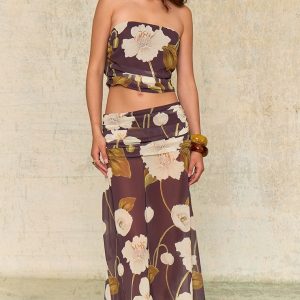 Dark Chocolate Floral Printed Chiffon Ruched Maxi Skirt