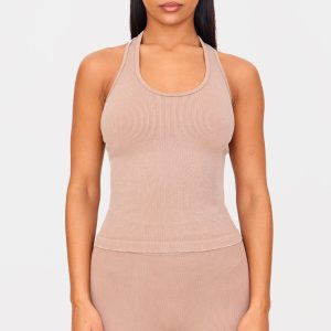 Chocolate Mocha Acid Wash Seamless Rib Halter Neck Gym Top