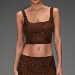 Chocolate Diamante Double Layer Mesh Scooped Back Cami Top