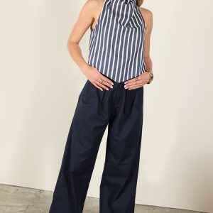 Indigo Blue Button Detail High Waisted Wide Leg Trousers