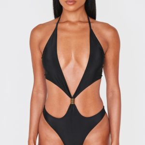 Black Extreme Cut Out Gold Trim Halter Tie Swimsuit