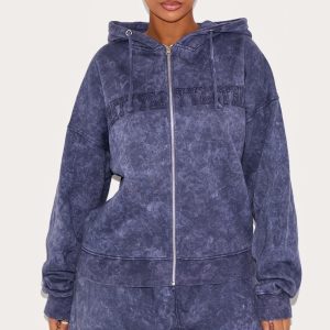 Shape Navy Embroidery Washed Zip Through Hoodie