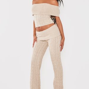 Oatmeal Marl Textured Knit Foldover Wide Leg Trousers