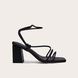 Black Pu Square Toe Strappy Tube Asymmetric Block Heeled Sandals