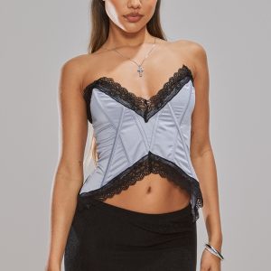 Blue Grey Silk Lace Trim Pointed Hem Boned Bandeau