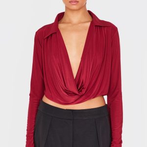 Burgundy Slinky Cowl Front Open Shirt