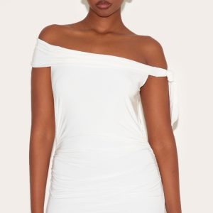 Cream Double Layer Slinky Tie Shoulder Bardot Long Top