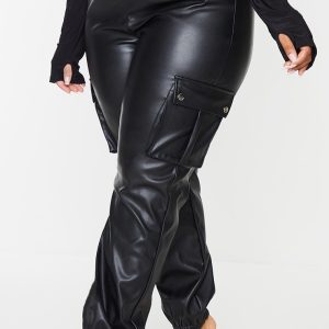 Plus Black Faux Leather Cargo Trousers