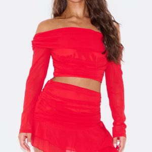 Cherry Red Chiffon Off The Shoulder Long Sleeve Crop Top