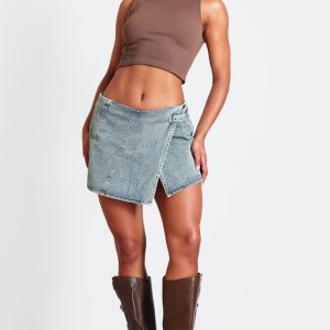 Vintage Wash Mid Rise Denim Wrap Over Mini Skirt