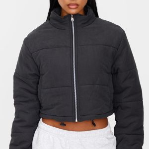 Black Super Cropped Peach Skin Puffer