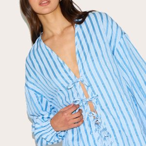 Blue Striped Textured Tie Front Shirt