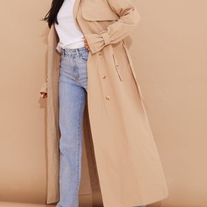 Tall Stone Panel Detail Belted Trench Coat