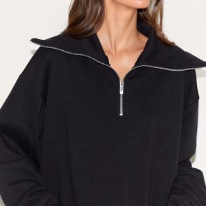 Black Premium Loopback Quarter Zip Foldover Sweatshirt