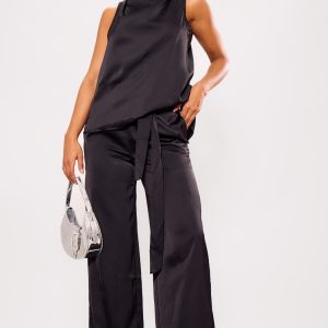 Black Satin Tailored Belted Wide Leg Trousers