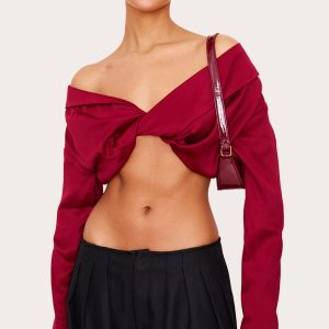 Burgundy Satin Bardot Twist Front Crop Blouse