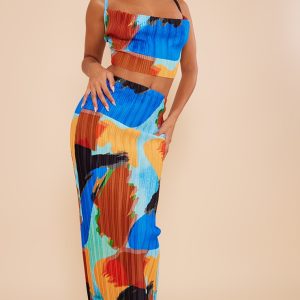 Blue Abstract Print Plisse Maxi Skirt