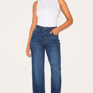Tall Dark Indigo Mid Rise Distressed Turn Up Hem Jeans