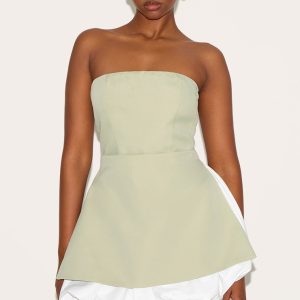 Sage Green Tailored Bandeau Puffball Hem Shift Dress