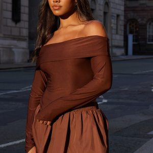 Chocolate Slinky Bardot Asymmetric Long Top