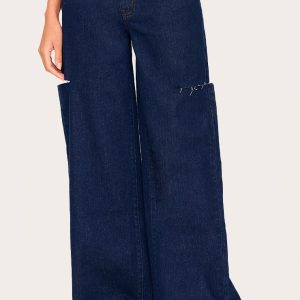 Indigo Thigh Split Wide Leg Jeans