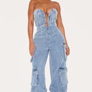Shape Vintage Mid Wash Denim Bandeau Lace Up Front Wide Leg Jumpsuit