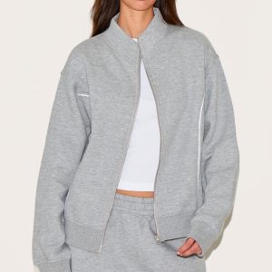 Ash Grey Contrast Seam Zip Through Sweatshirt