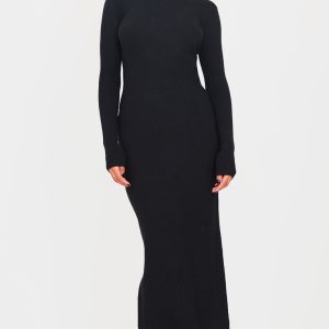 Black Light Rib Knit Long Sleeve Maxi Dress