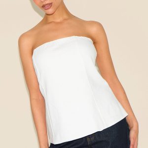 Petite White Lightweight Linen Look Woven Bandeau Long Line Top