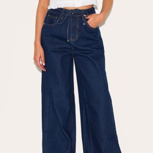 Petite Dark Indigo Wide Leg Jean With Adjustable Waist Tie