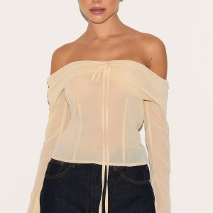 Almond Bardot Chiffon Blouse - Almond, 6
