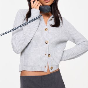 Grey Soft Textured Knit Button Up Collar Detail Cardigan