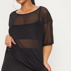 Plus Black Sheer Mesh Oversized T-Shirt