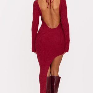 Burgundy Rib Knit Low Back Long Sleeve Maxi Dress
