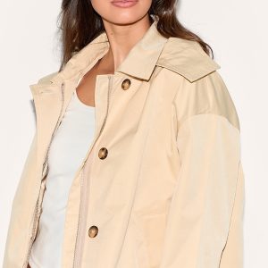 Beige Hooded Zip Up Trench